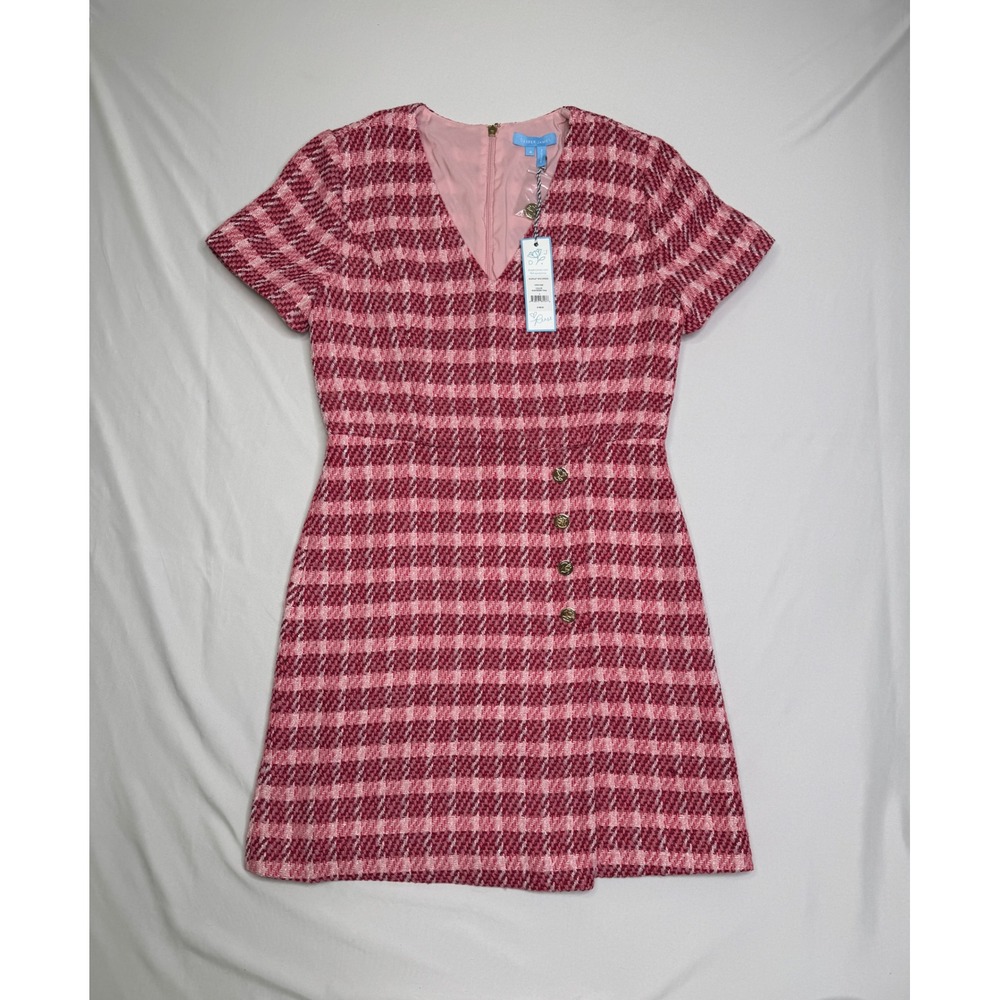 NWT Draper James Scarlet Mini Dress Raspberry Pink Tweed Plaid V-Neck Size 4